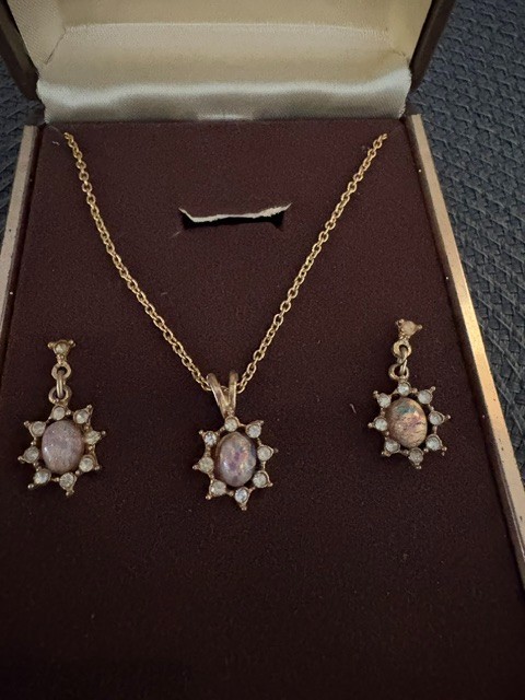 Pink Opal Like Necklace and Earrings with Clear Crystals