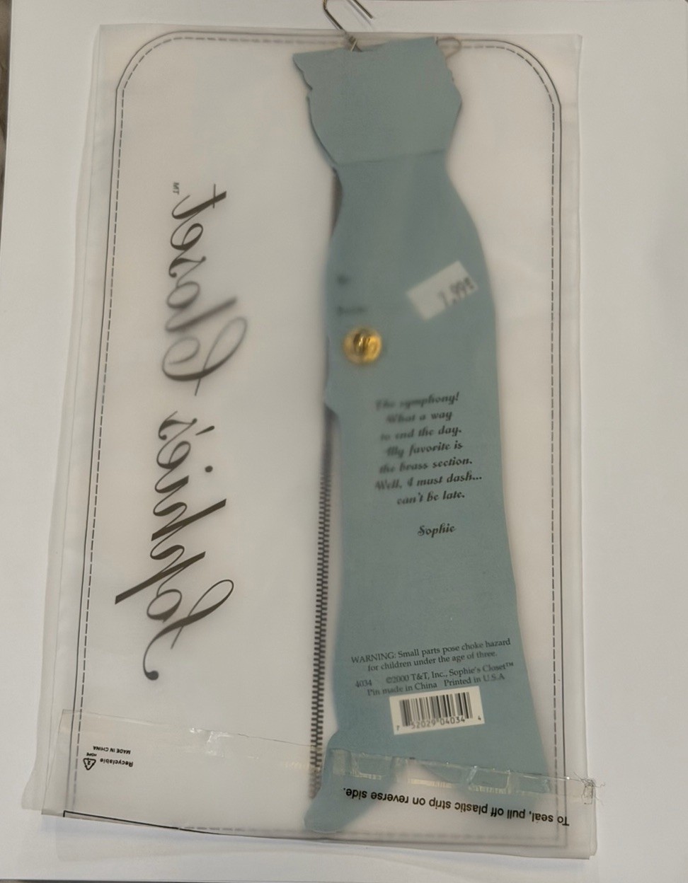 Sophie’s Closet blue Grecian gown greeting card and gold gemmed trumpet brooch