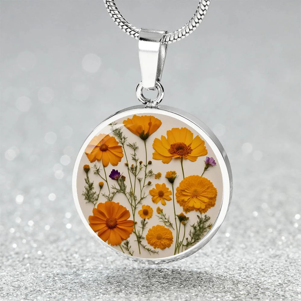 October Birth Month Flower Necklace Marigolds and Cosmos Pendant