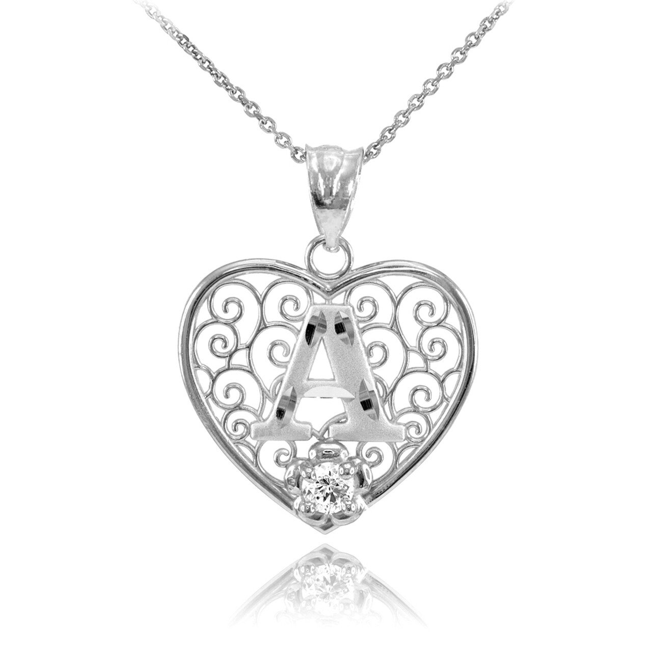 925 Sterling Silver Filigree Heart CZ Any / All Initial Letter Pendant Necklace