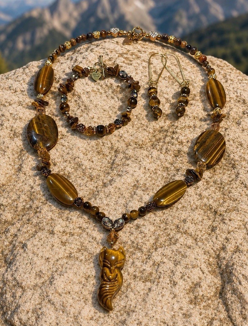 Tiger’s Eye Carved Fox Pendant, Necklace, Bracelet, & Earrings Set w/ Rose Beads