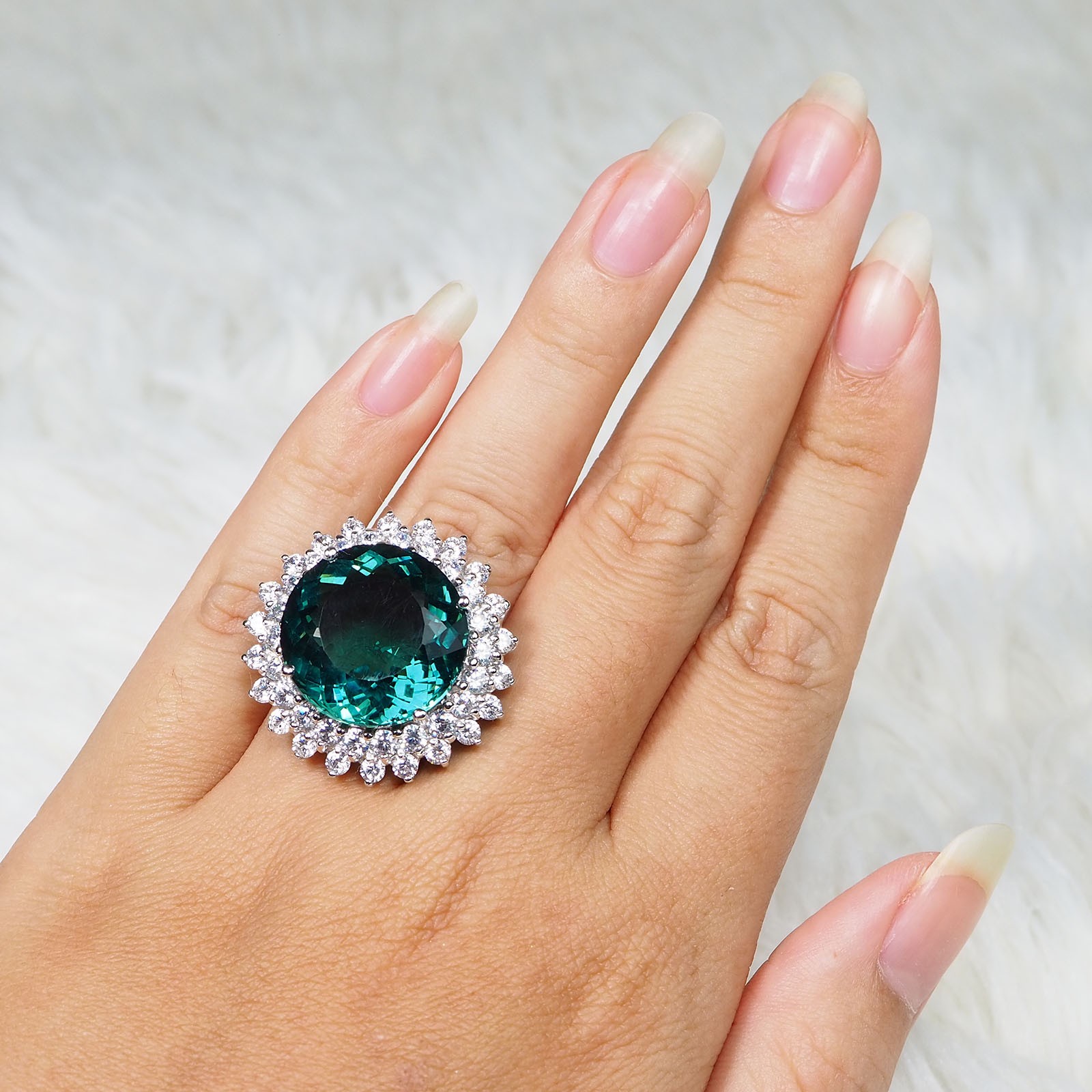 Lagoon Blue Tourmaline Round 23.70Ct 925 Sterling Silver Handmade Ring Size 6.25