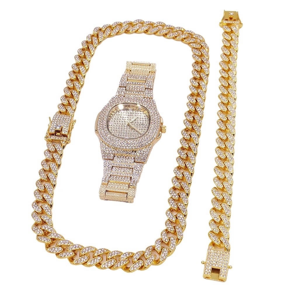3 Piece Set , Necklace, Bracelet, Watch – Gold Plated 14K