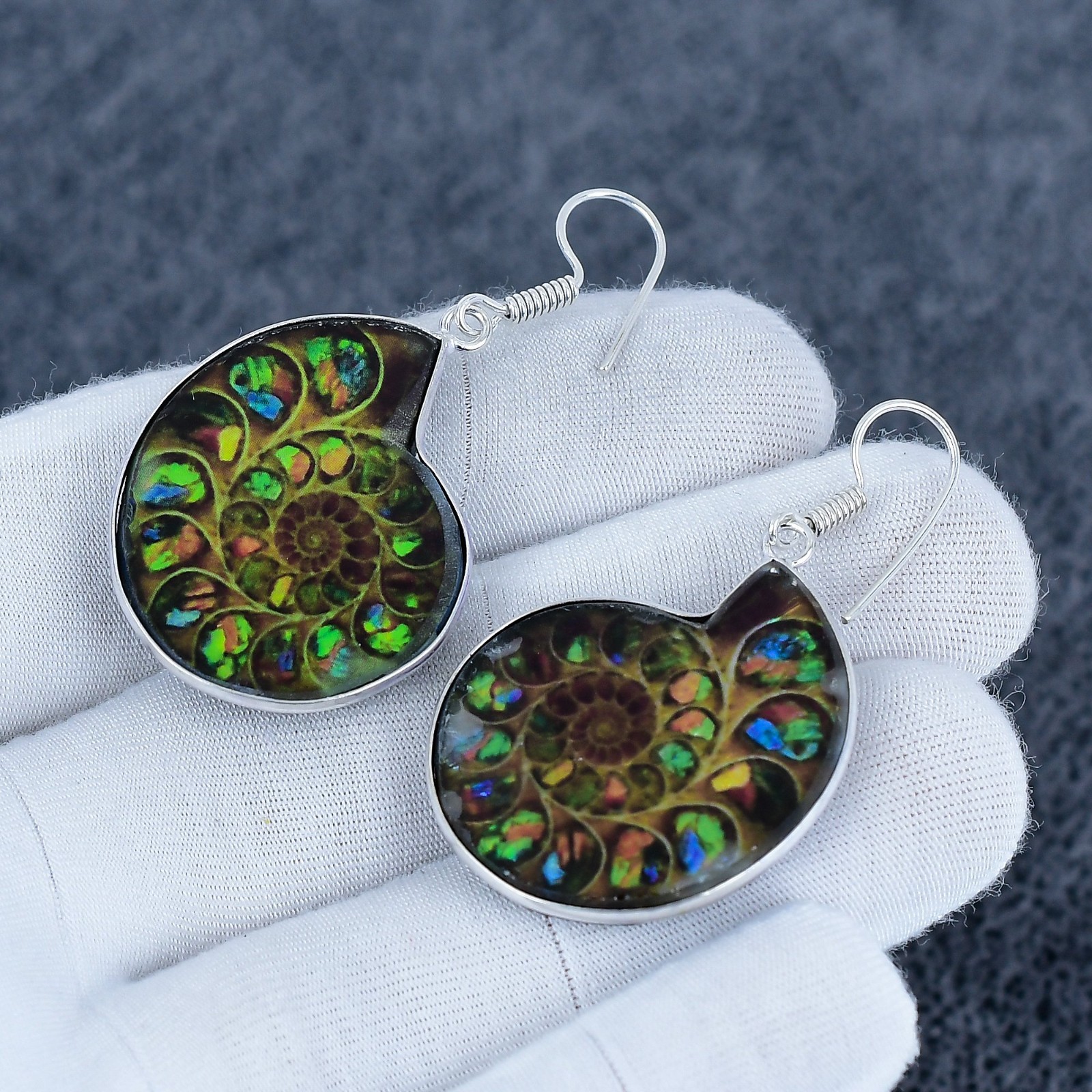 Rainbow Fire Ammonite / Ammolite Fossil Earrings, 925 Sterling Silver Gifts