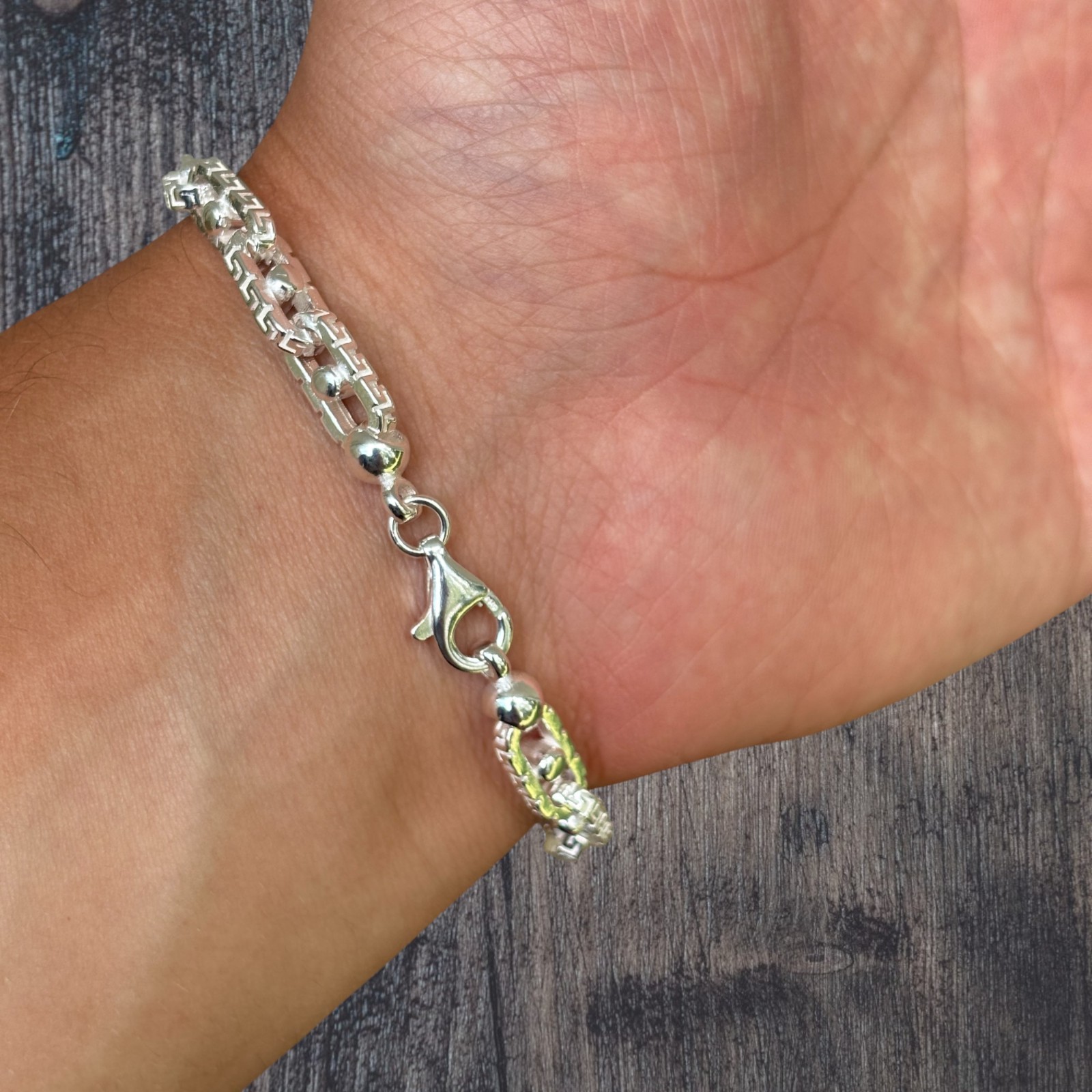 7mm Greek Key Rolo Link Bracelet – Real Solid 925 Sterling Silver MADFE IN ITALY