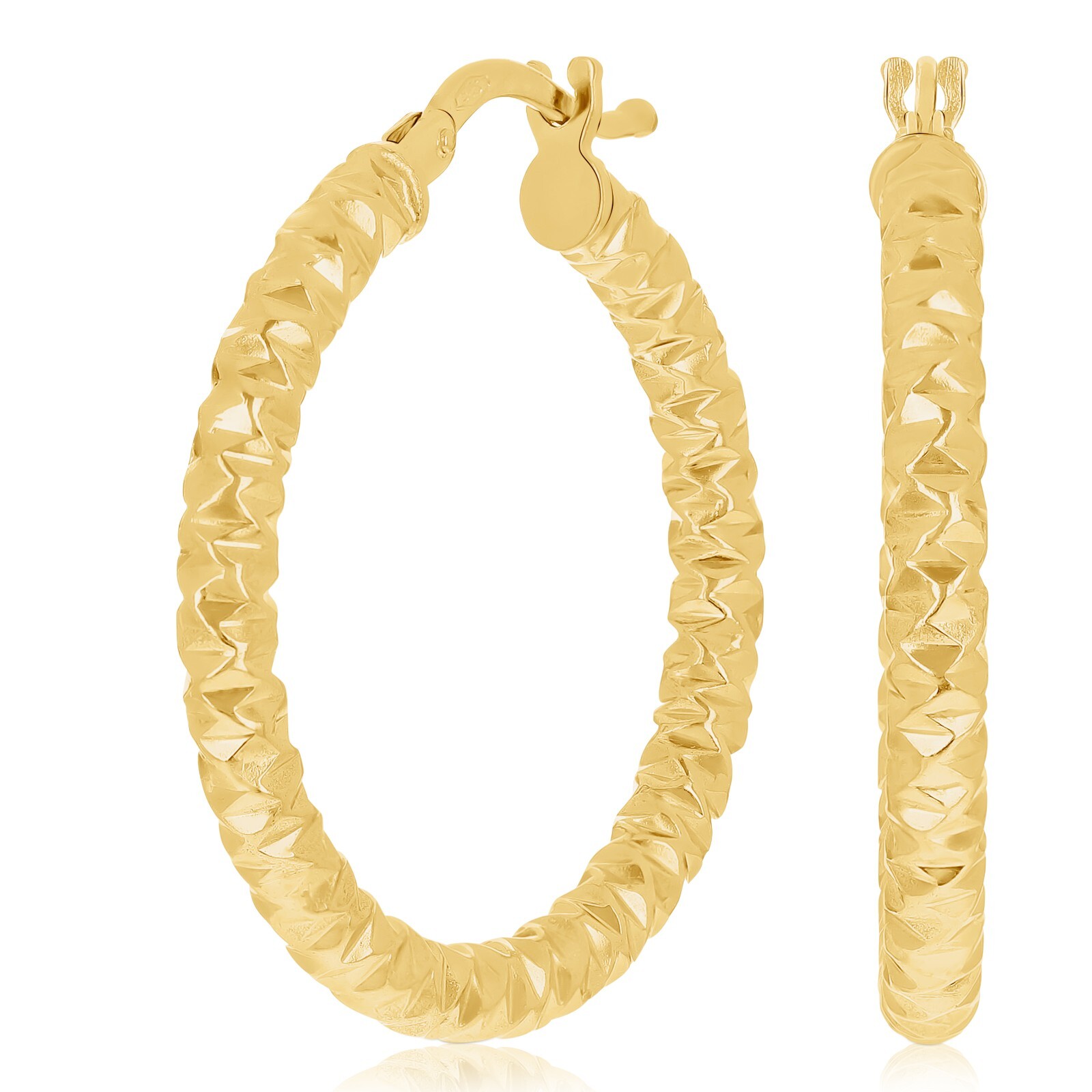 Italian 14k Yellow Gold Hollow Diamond Cut Hoop Earrings 1.1″ 3mm 2 grams