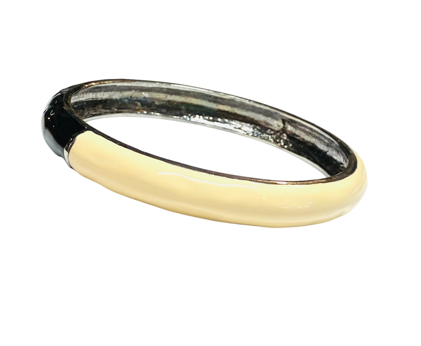 Vintage Black & Cream White Enamel Silver Tone Bangle Hinged Bracelet Clamper