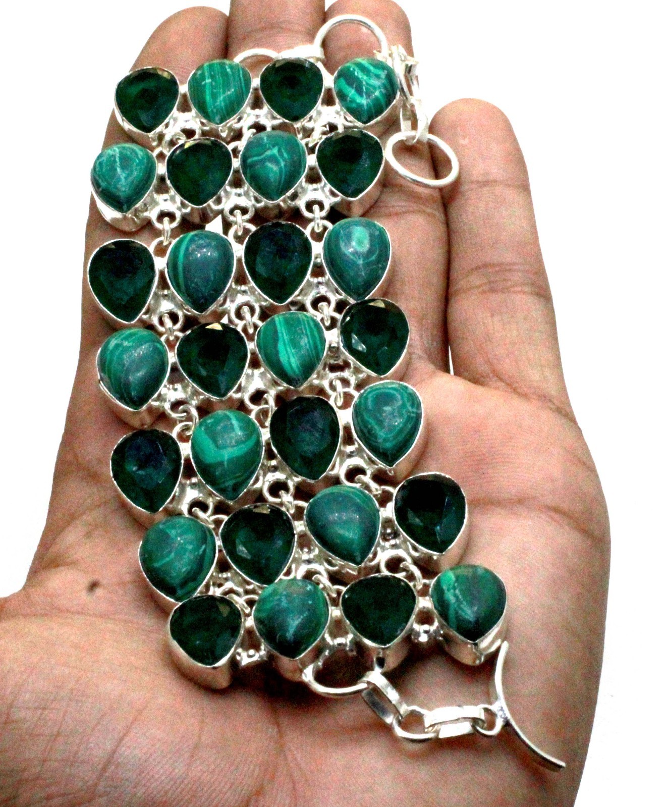 Malachite & Chrome Diopside Gemstone Bracelet Handmade Sterling Silver Jewelry