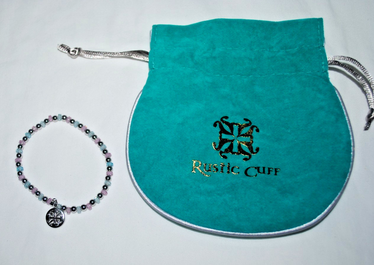 Rustic Cuff bracelet, pink, blue, silver beads, silvertone charm dangle, RC bag
