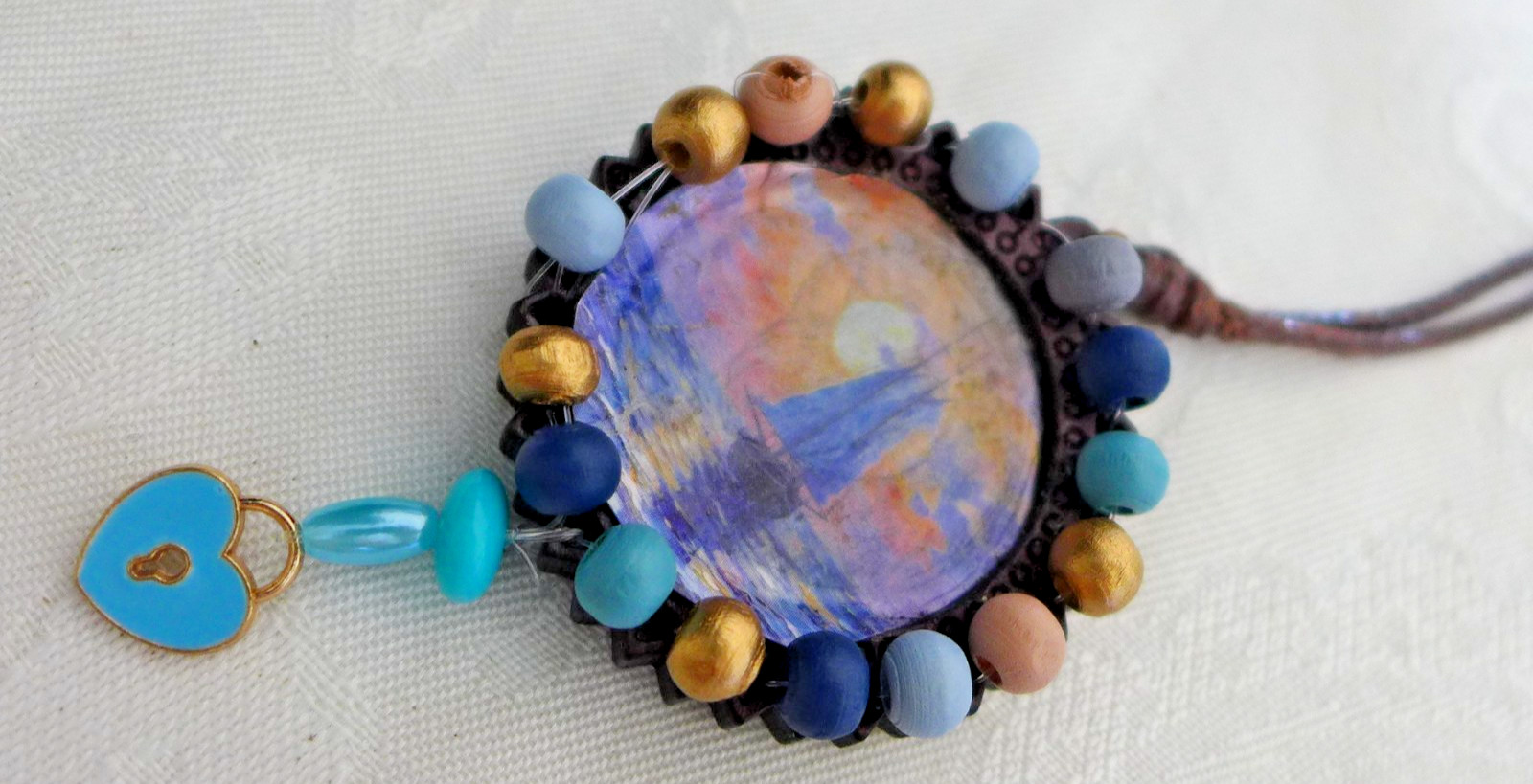 Handmade Necklace With Hand Painted Wood charm Natural Artistic Eco Beauty beads
