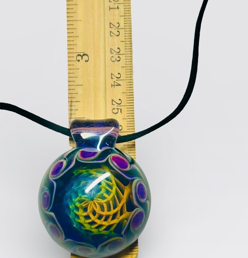 Gorgeous Hand Blown Fume Retticello Weave Glass Pendant Necklace Signed & Dated