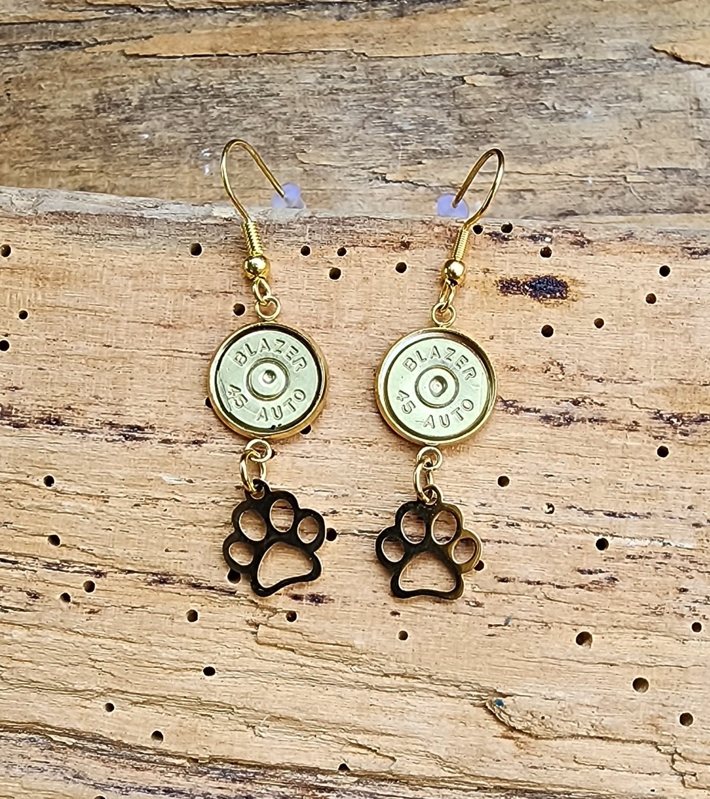 Gold Stainless Steel Dangle Bullet Earrings with Paw Charms. Optional Color