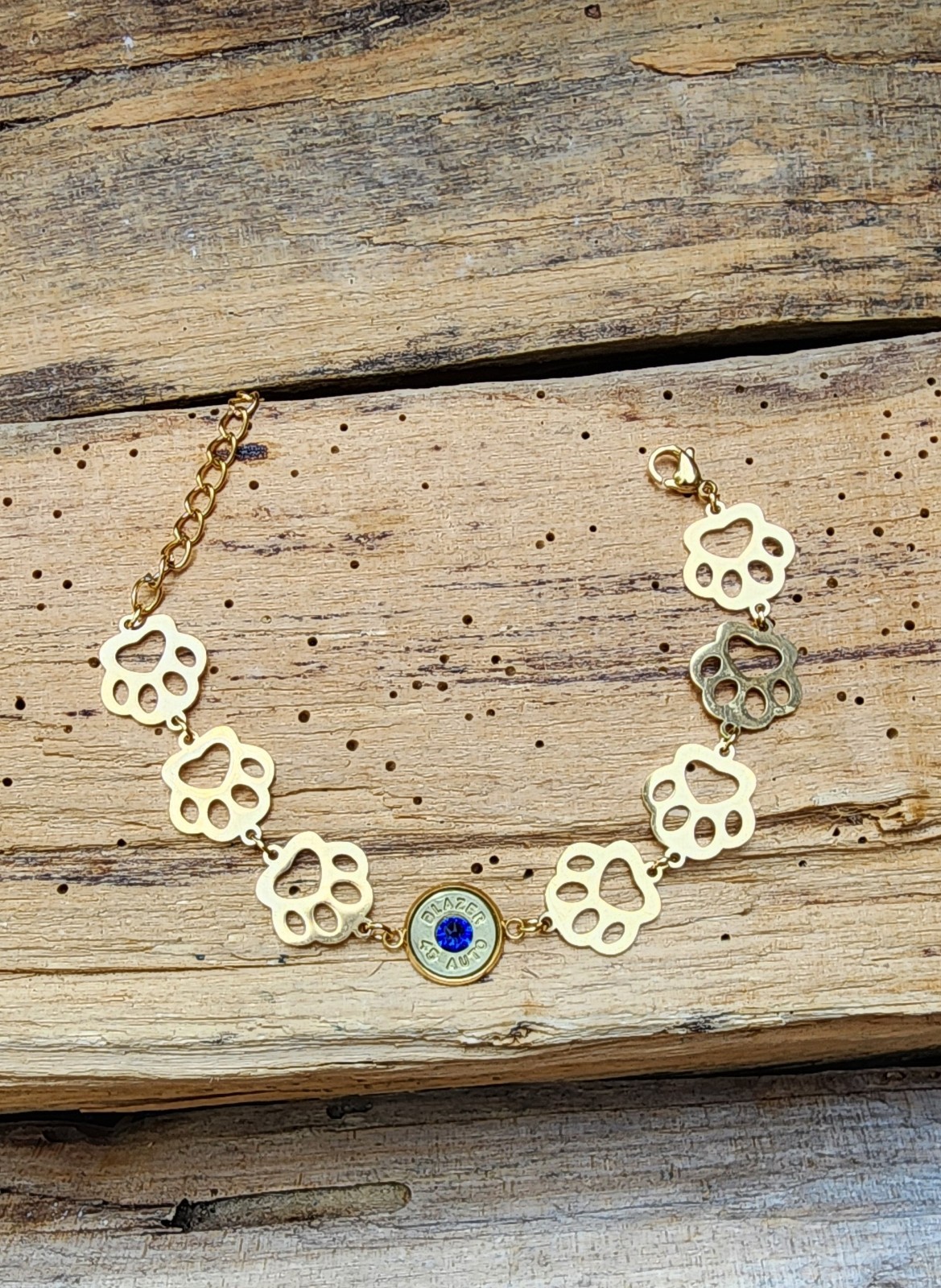 Bullet Anklet, Gold Stainless Steel Puppy Paws and 45 Auto. Optional Crystal.