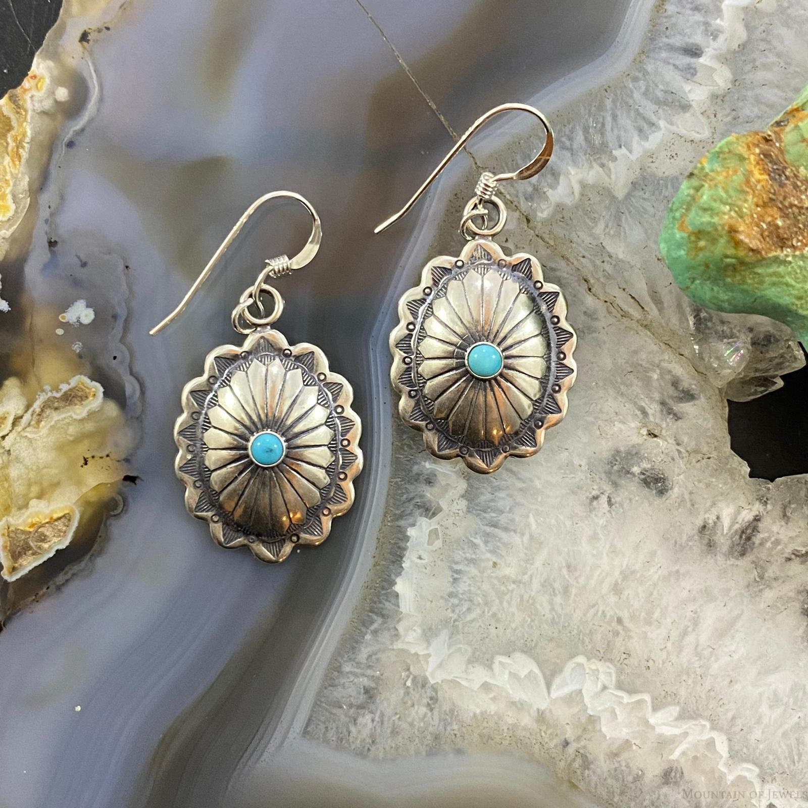Native American Sterling Turquoise Dot Stamped Concho Dangle Earrings For Women