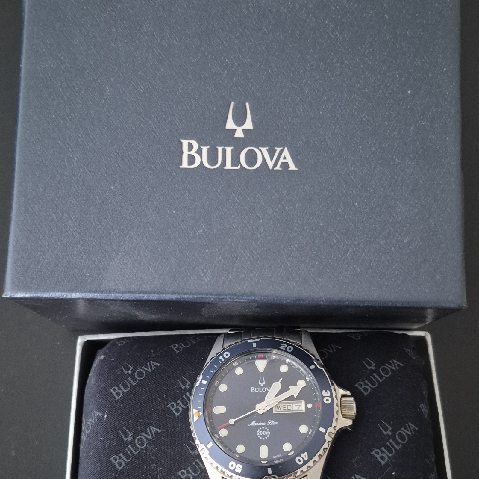 Bulova Marine Star Men s 45mm Blue Dial 200m Quartz Day/Date SS Bracelet