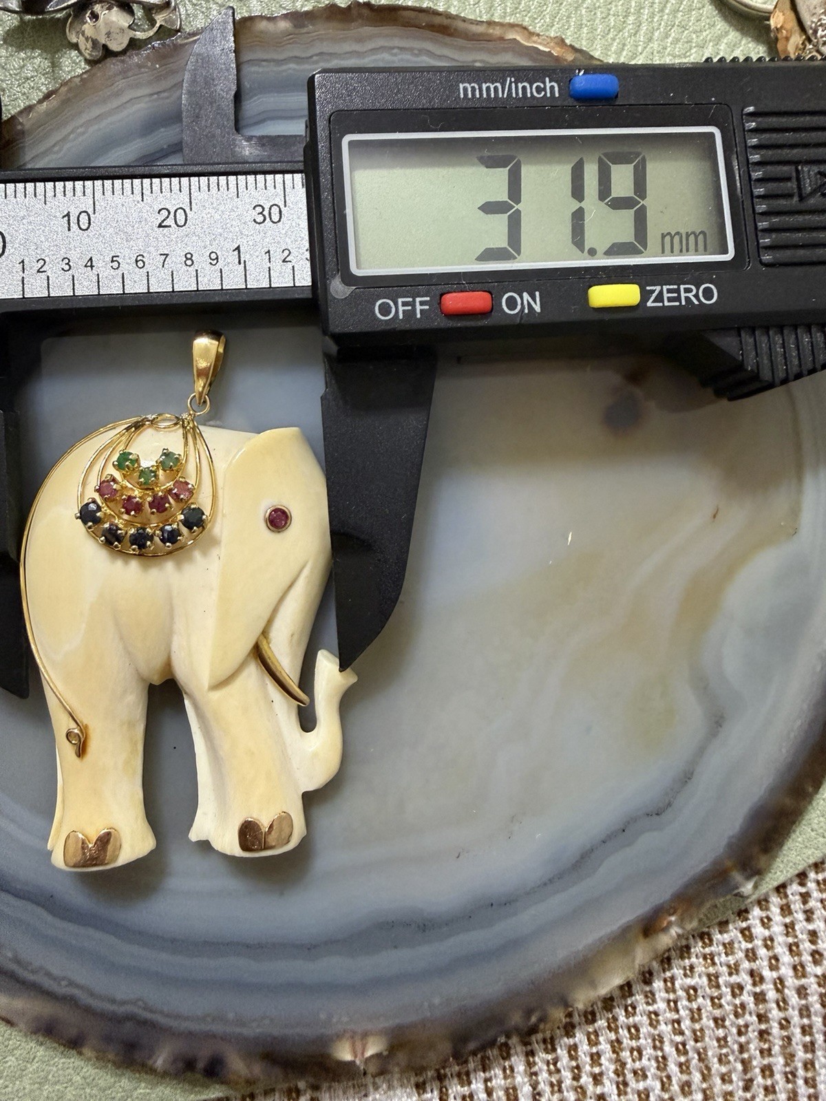 Vintage Carved Elephant 14k Gold Blue, Red & Green Stones Pendant