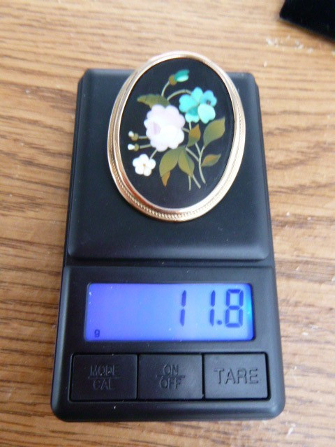 Antique Victorian PIETRA DURA Micro mosaic Pin PENDANT 12K Gold Flower Italy Box
