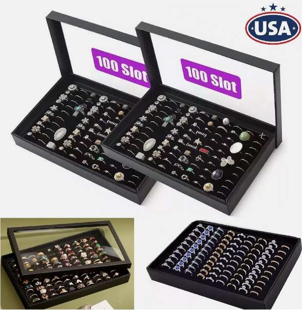 2Pc 100Slots Jewelry Ring Display Organizer Case Tray Holder Earring Storage Box