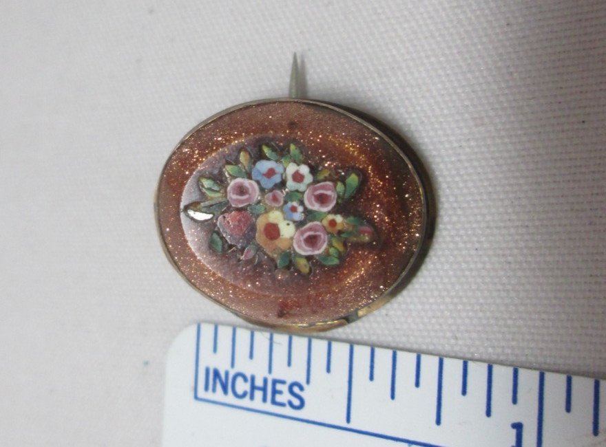 Tiny Antique Pietra Dura Floral Design Set in Goldstone Pin Brooch
