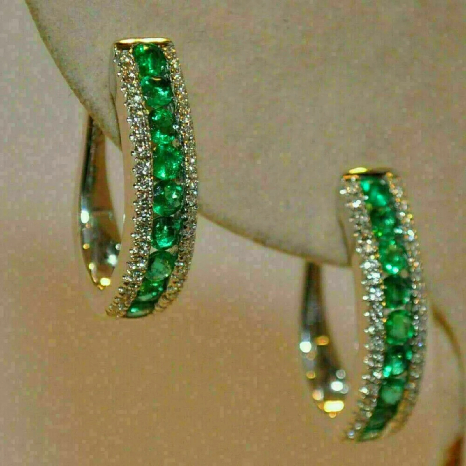 2Ct Round Cut Lab Created Emerald & Diamond Hoop Earrings 14K White Gold Plated