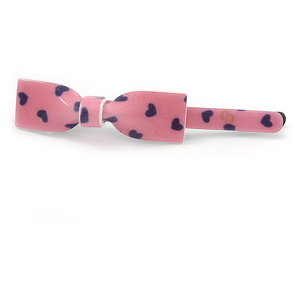 1Pcs Pink with Purple Hearts Acrylic Bow Hair Grip/ Slide In Black Tone Metal –