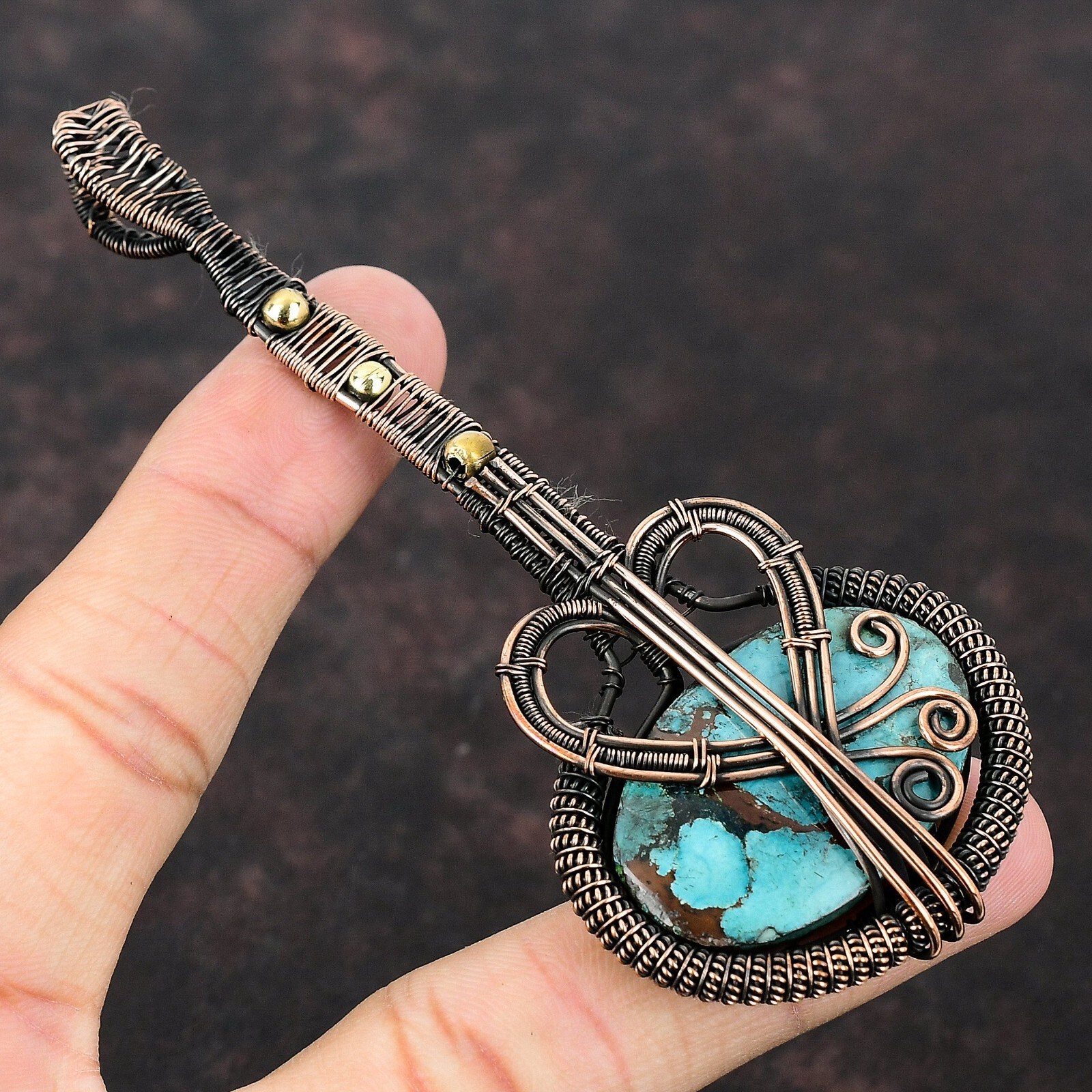 Copper Natural Tibetan Turquoise No Stone Wire Wrapped Guitar Pendant Jewelry