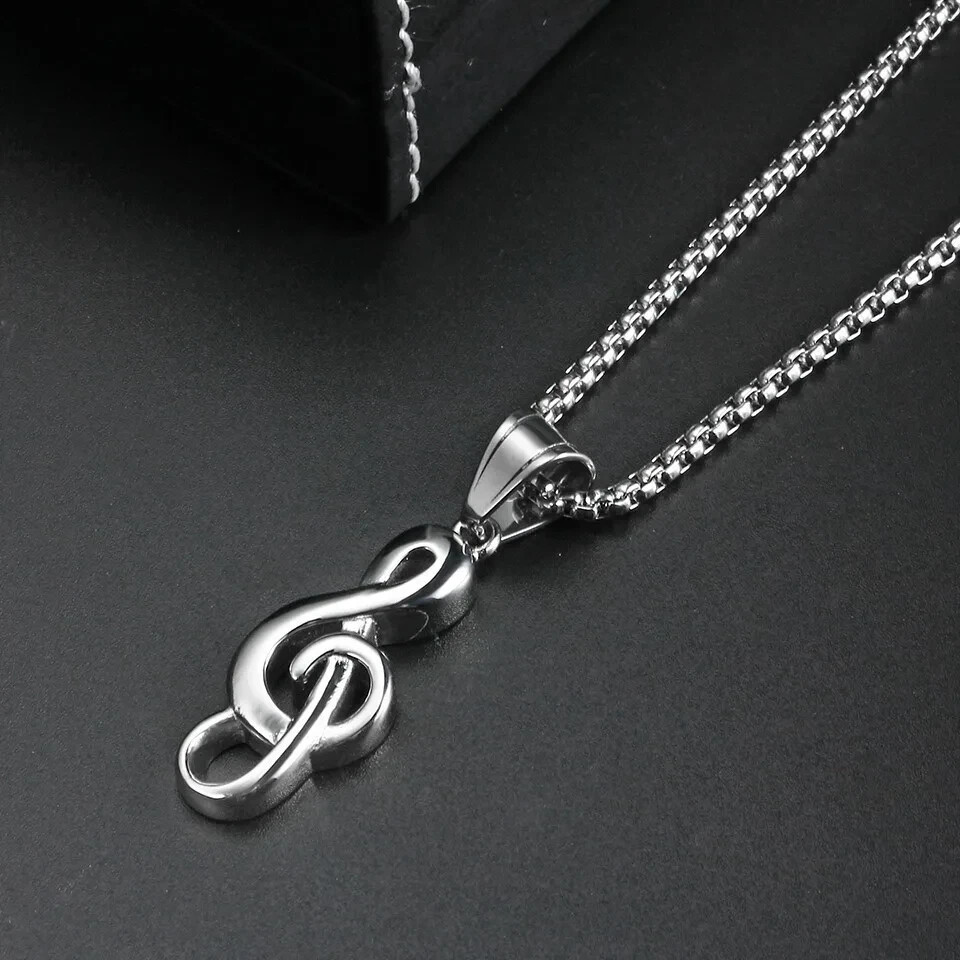 Silver Music Note G Treble Clef Pendant Necklace with Chain 24″ Mens Womens