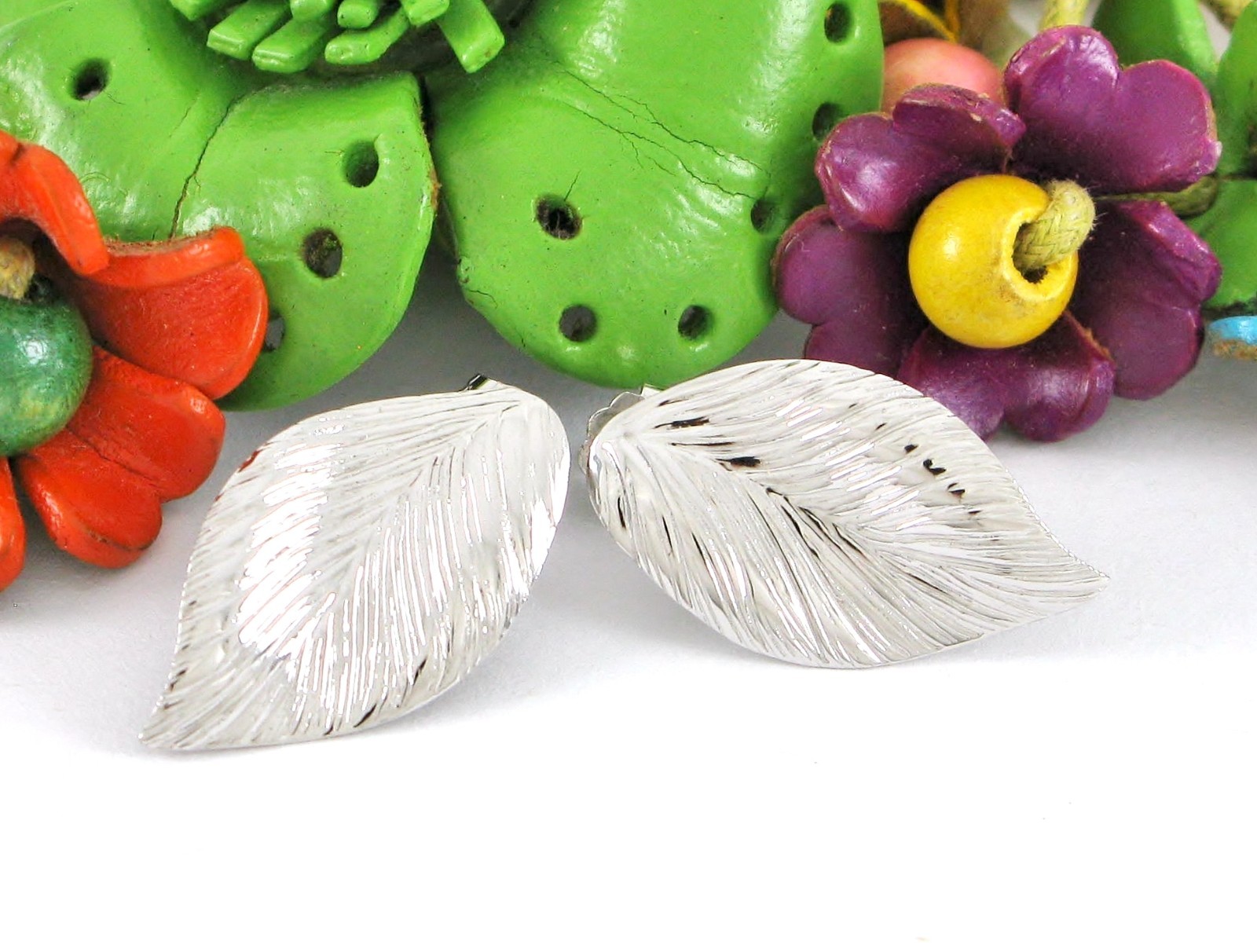 Carla Sterling Silver 925 Leaf W/ 14K White Gold Post Earrings