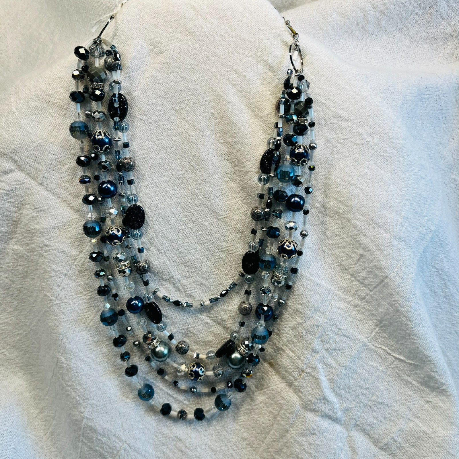 Blue White Silver Beaded 5 Strand Necklace 18″ long – HANDMADE
