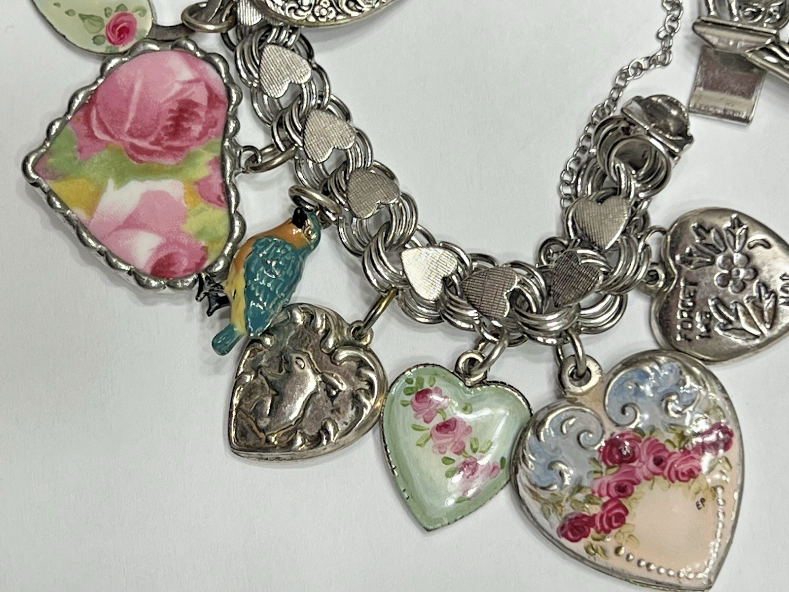 Vintage Puffy Hearts Charm Bracelet Sterling Silver Estate Pink Heart Charms US
