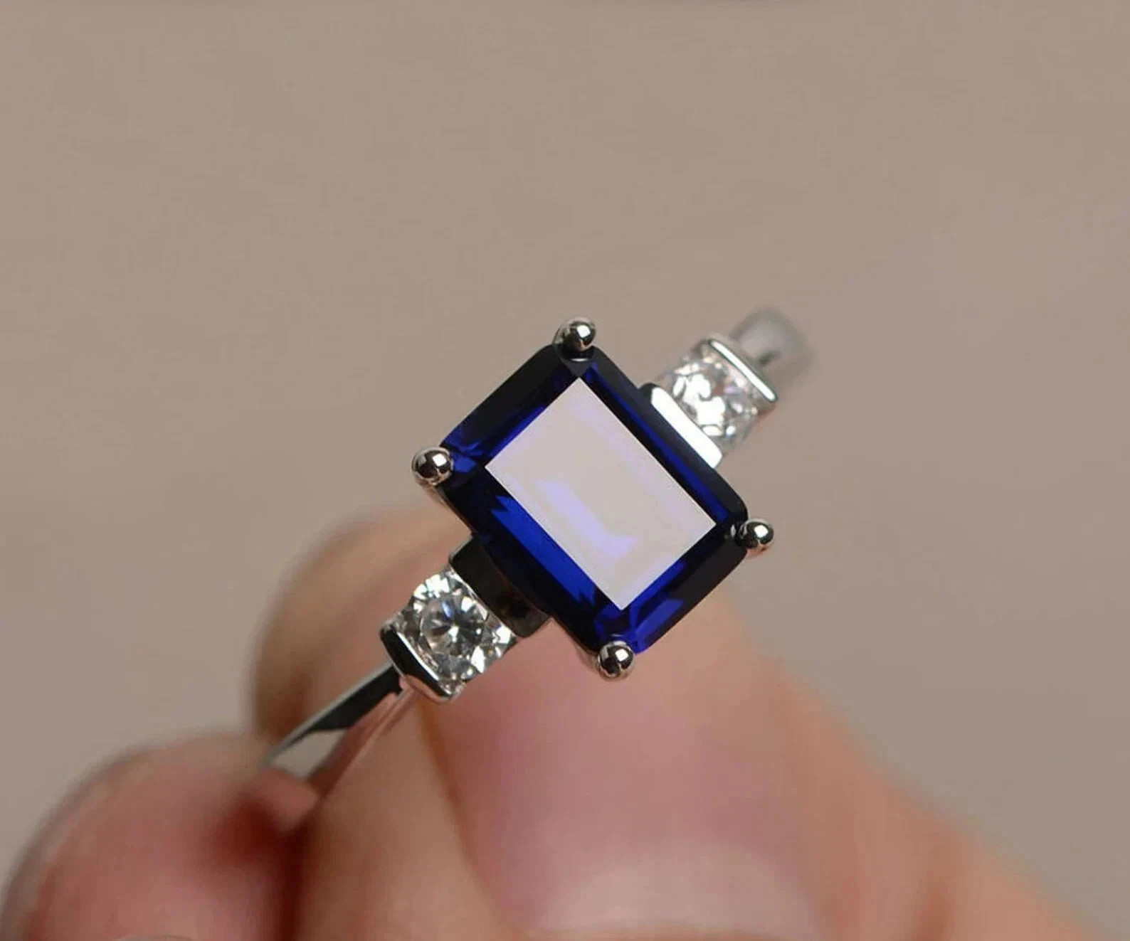 2.96 Ct Emerald Cut Blue Sapphire Diamond Wedding Ring 14K Solid White Gold