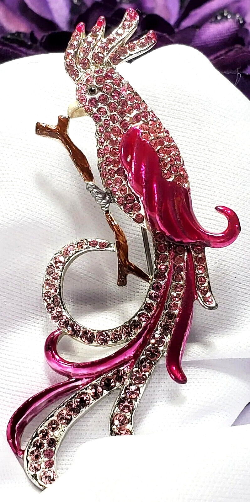 Vintage Silver Pink Bird Of Paradise Galah Cockatoo Brooch Pin