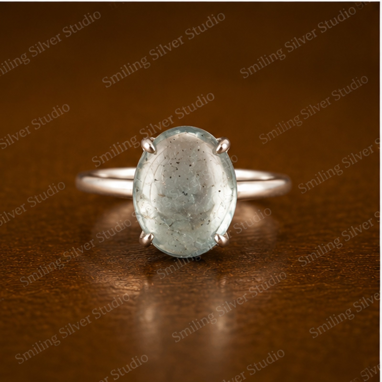 925 Sterling Silver Oval Green Cabochon Aquamarine Ring Minimalist Handmade Ring