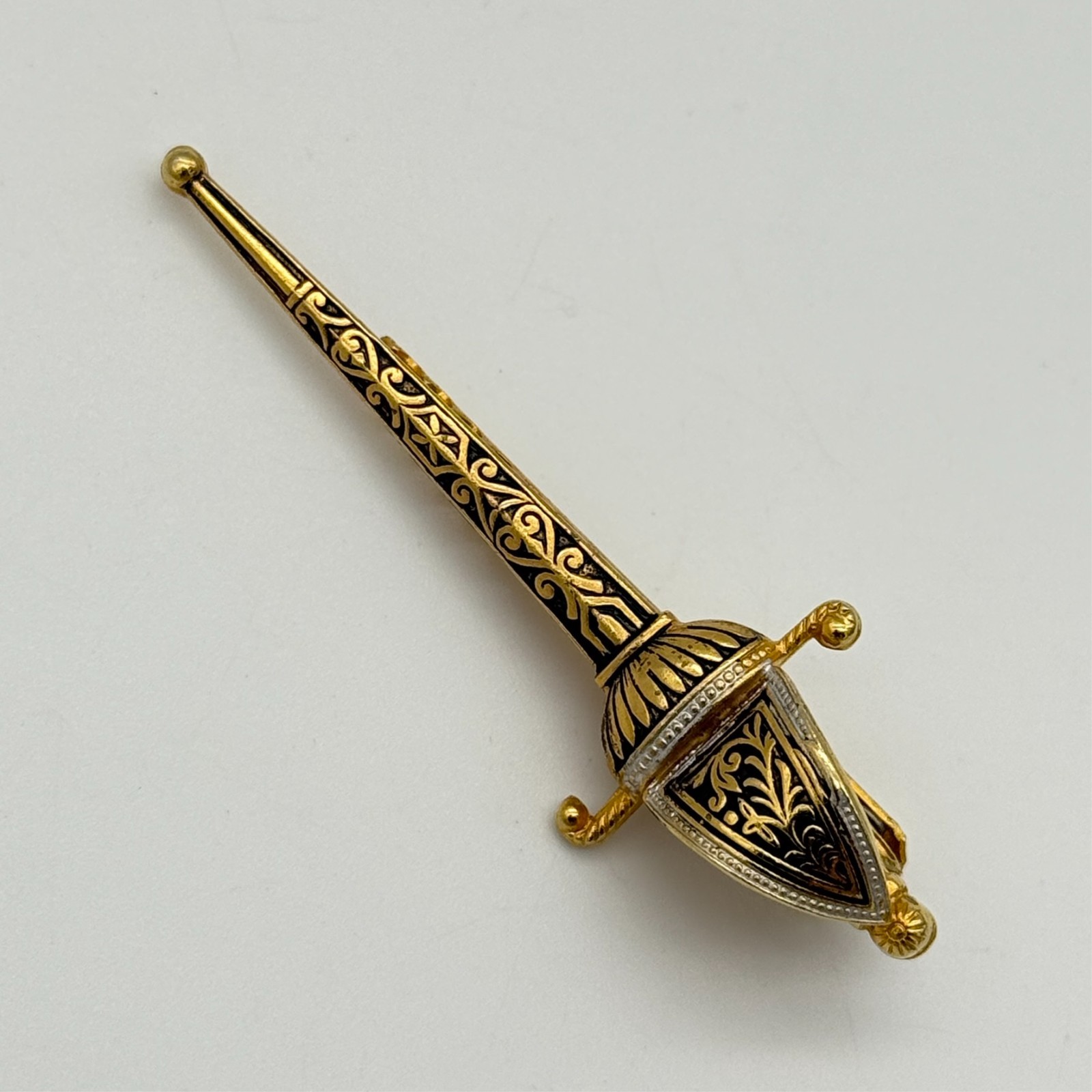 Vintage Sword Tie Bar Clip Damascene Gold Silver Black 2.5″ Rapier Spanish