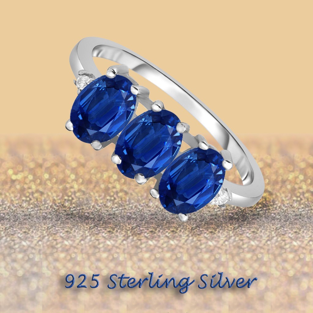 925 Sterling Silver 3.00 CTTW Created Sapphire Oval Cut Tri Stone Ring Size 6-9