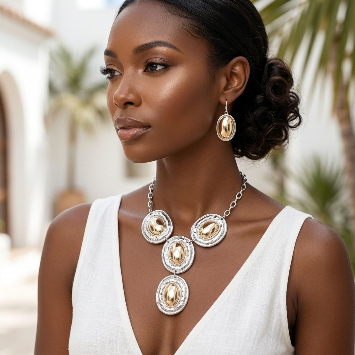 Silver Organic Oval Drop Pendant Necklace with Gold Dome Centers & Earring Set