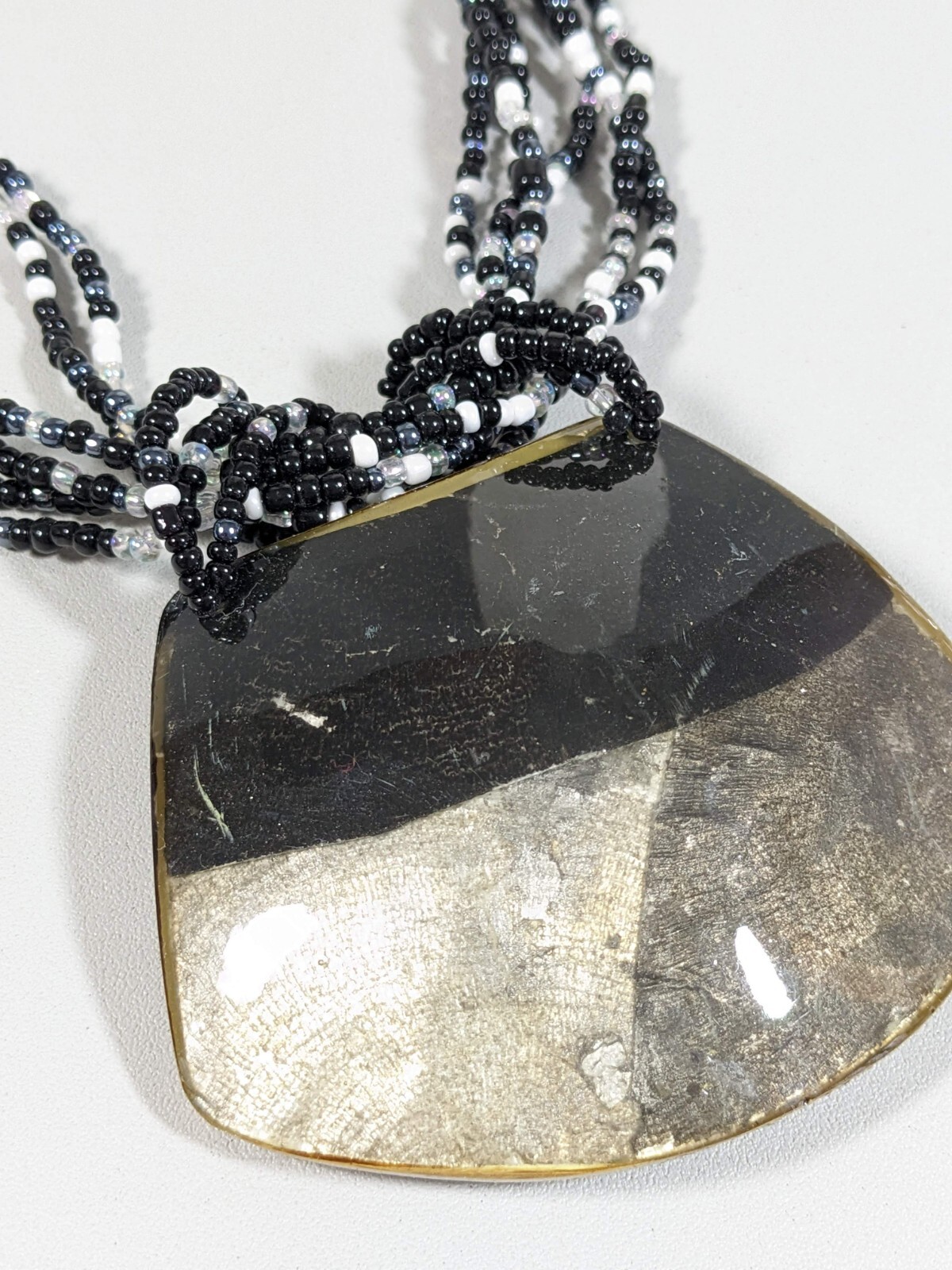 Black Gray White Glass Seed Bead Acrylic Curved Dome Pendant Necklace 20 inch