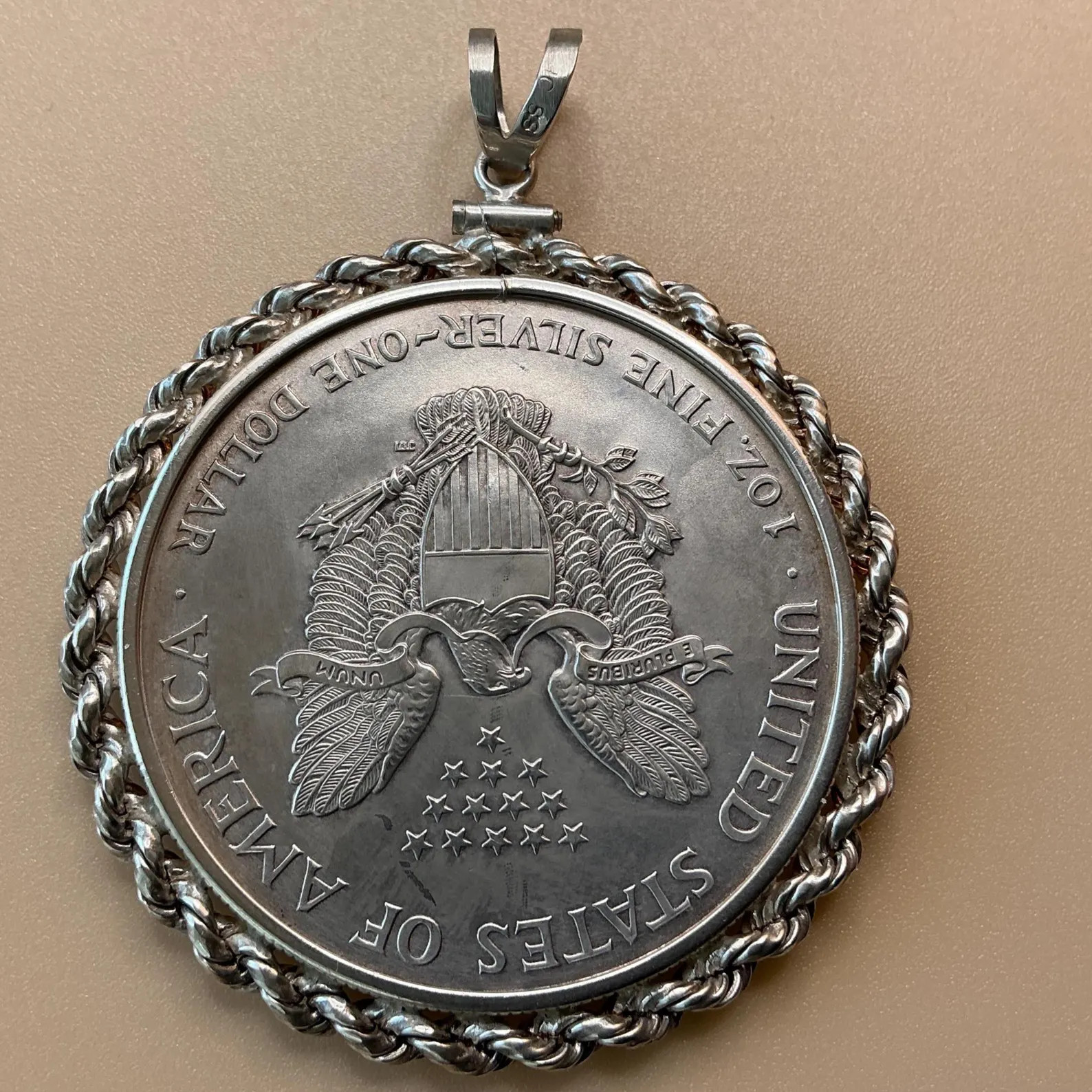 Silver Round 1 oz 2000 American Silver Eagle Coin Necklace Rope Bezel Estate