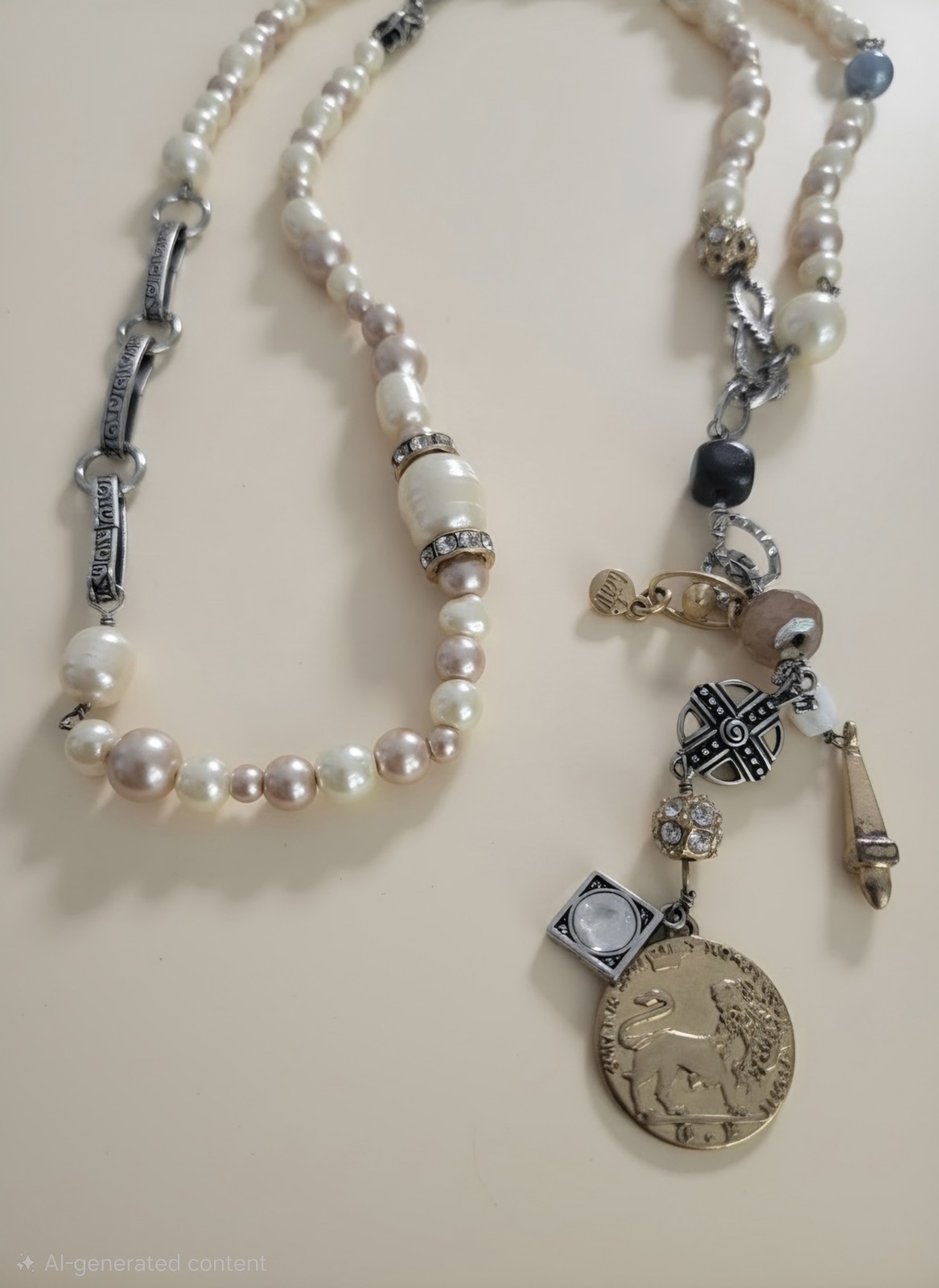 Cabi #2147 Treasure Necklace Mixed Media Pearls Charms Gold Silver Boho Chic