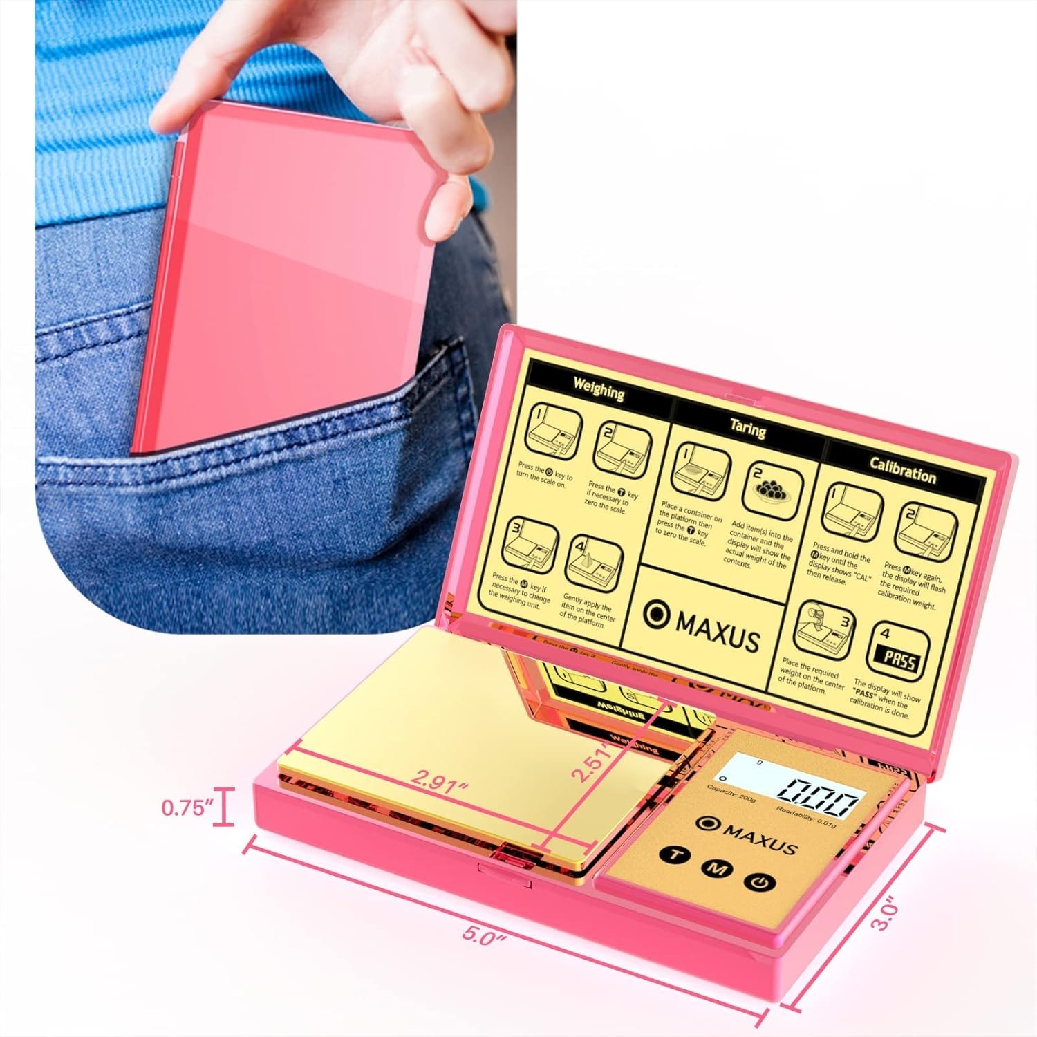 Luxury Pink Pocket Scale 200g x 0.01g – Backlit LCD & Tare Function for Easy Use