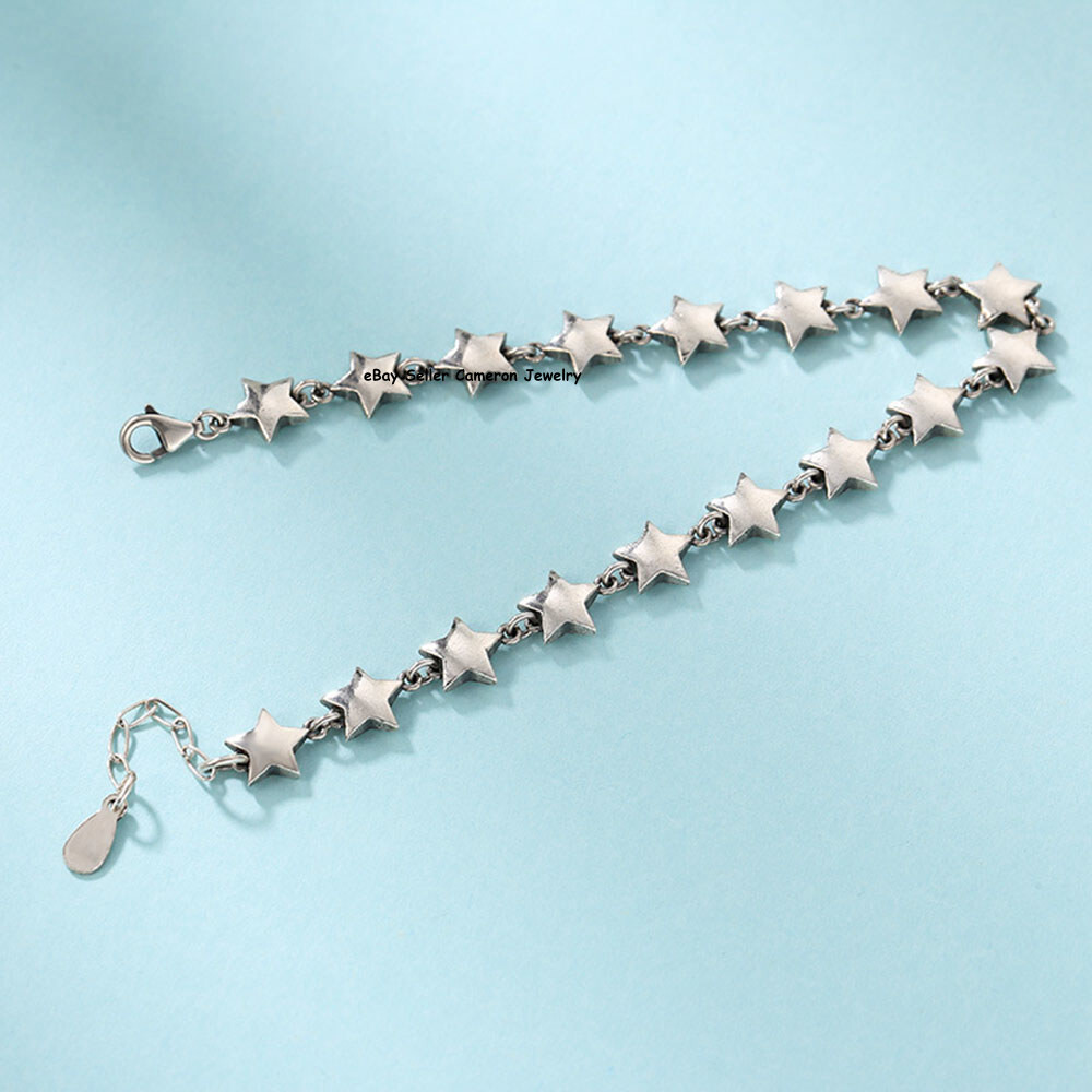 Pure S925 Sterling Silver Chain 7mm Five Star Link Bracelet 10-11g 6.7-7.5inch