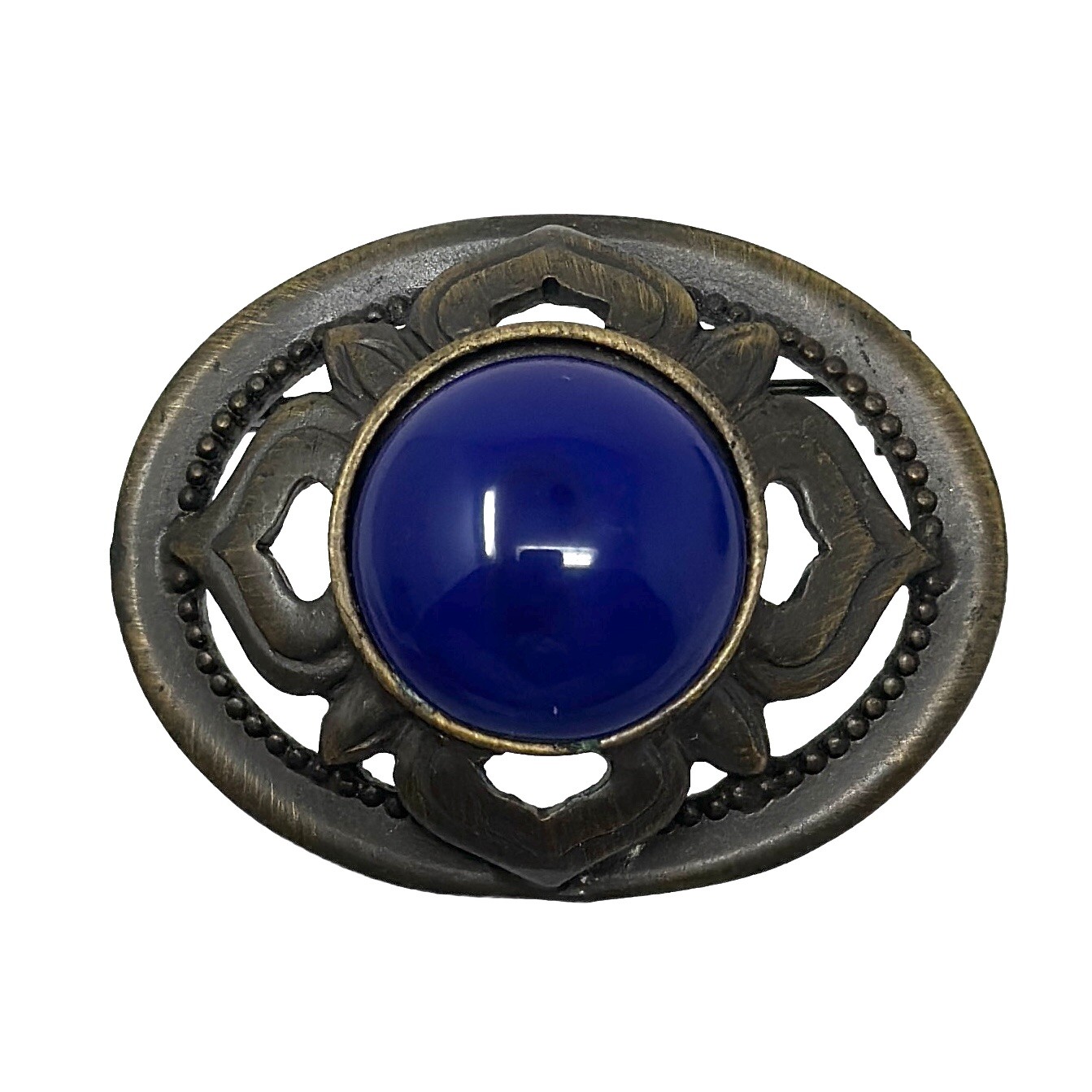 Vintage Signed Ginnie Johnsen 1987 Dark Blue Cabochon Glass Brass Plated Brooch