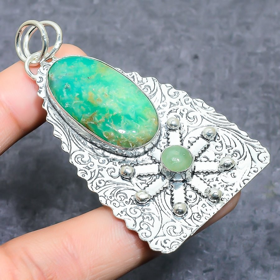 Chrysoprase, Prehnite Gemstone 925 Sterling Silver Jewelry Pendant 2.56″