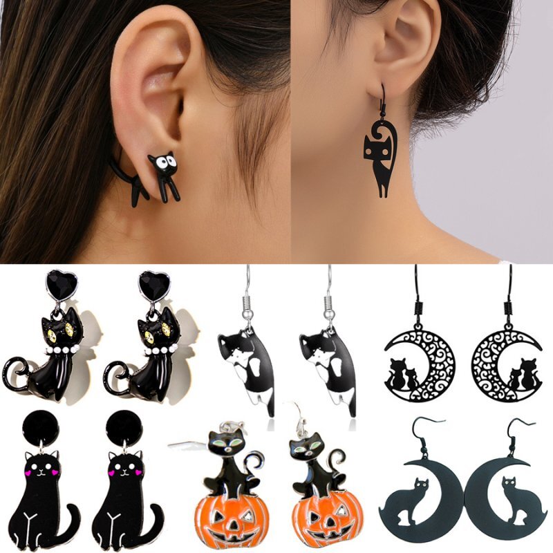 Fashion Black Cat Animal Drop Dangle Earrings Stud Women Halloween Party Jewelry