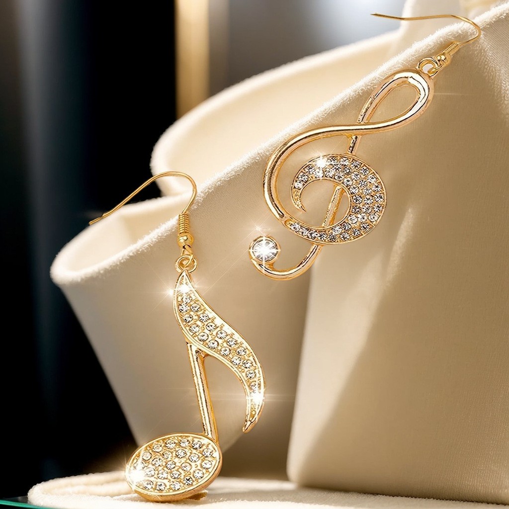 2Pcs Asymmetric Musical Note Earrings Gold Rhinestone Dangle Drop Earrings