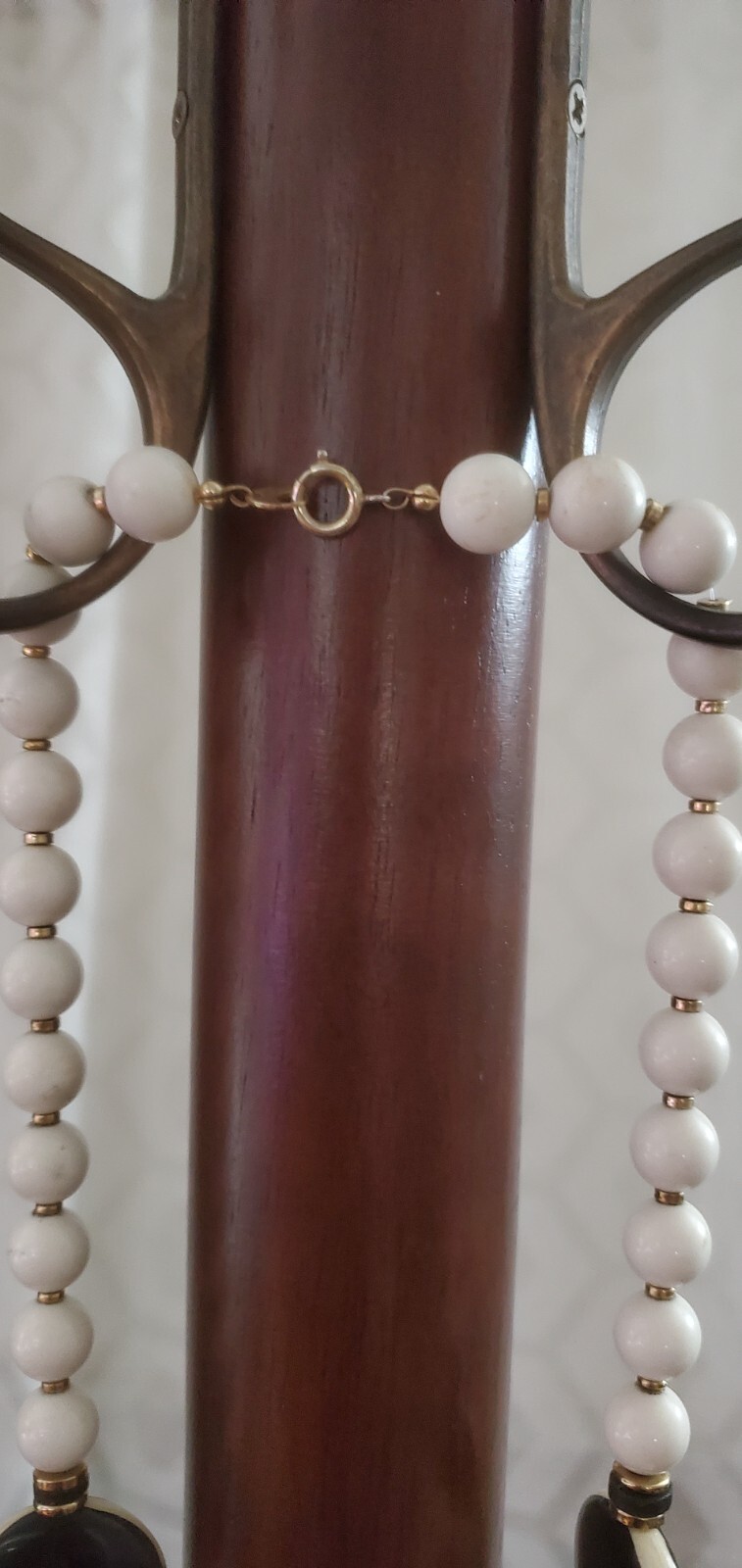 Black Cream White Gold Ceramic Enamel Long Bold Necklace 34″ Vintage