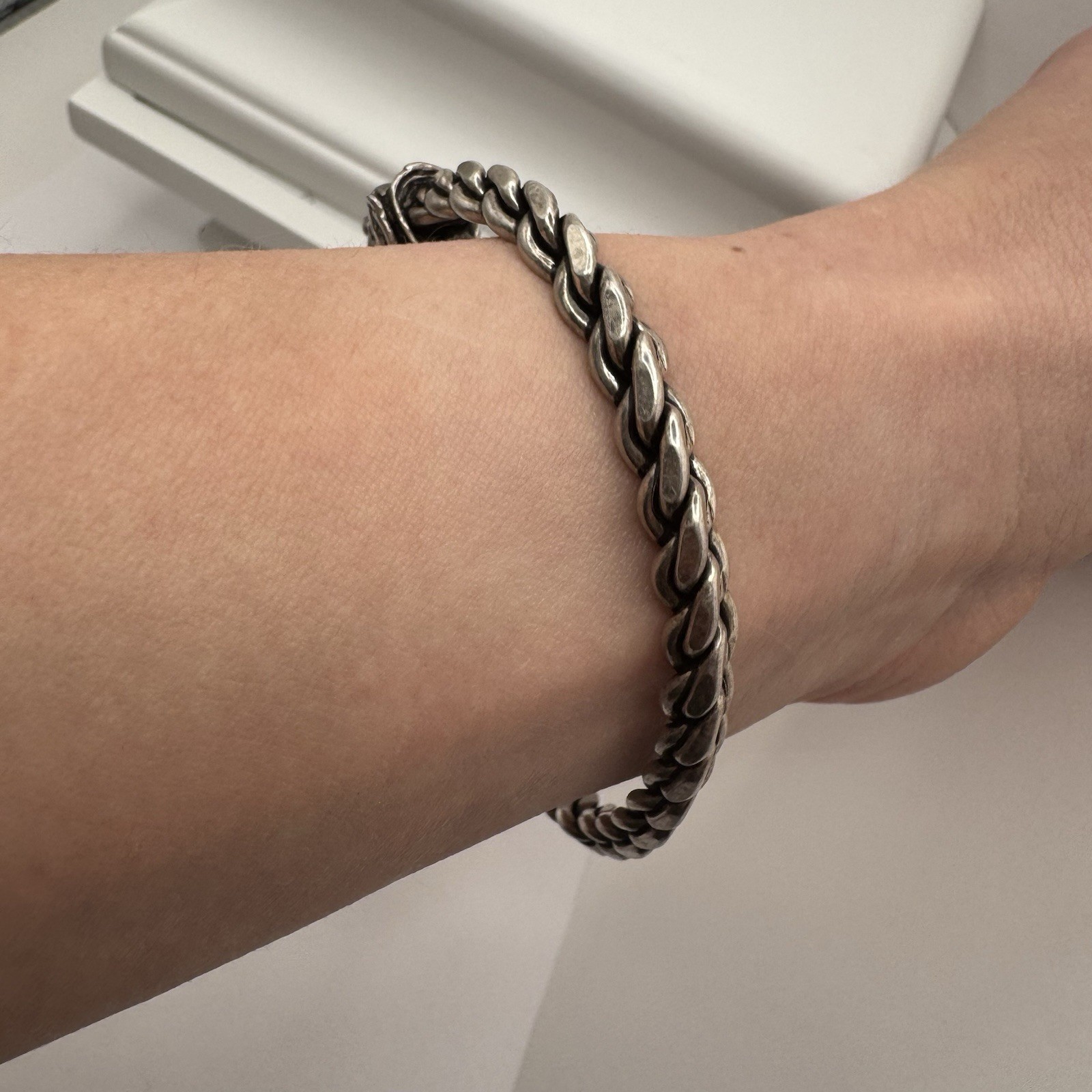 Sterling Silver Elephant Head Cuff Bracelet Open Ended Braided Bangle 39 grams