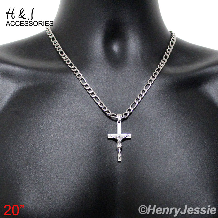 18-36″Stainless Steel 4mm Silver Figaro Link Necklace JESUS Cross Pendant*P62