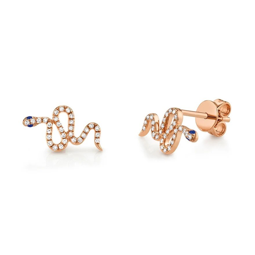 Handmade 14K Solid Yellow Gold Diamond Sapphire Snake Stud Earrings, Animal Gift