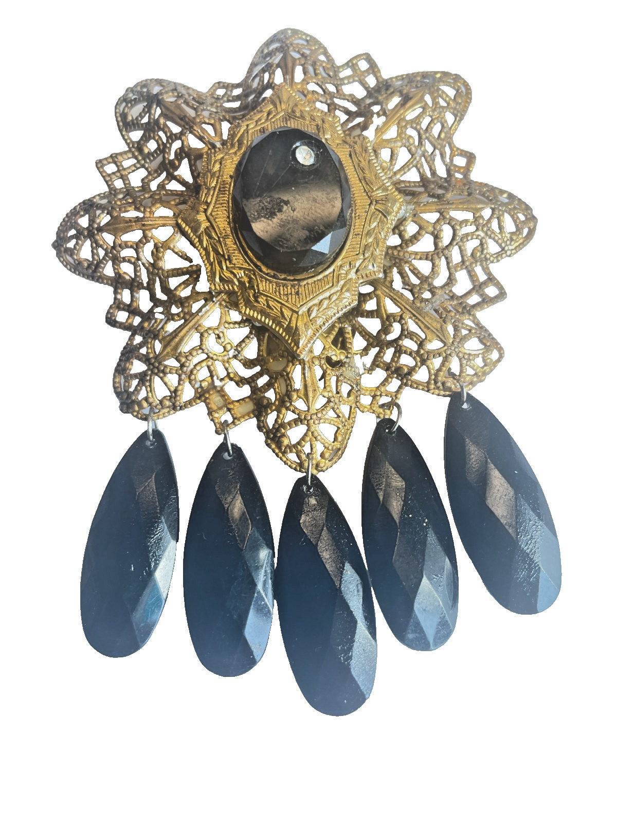 Vintage Dress Clip Gold Tone Black Glass Dangles 3.5 inches Statement